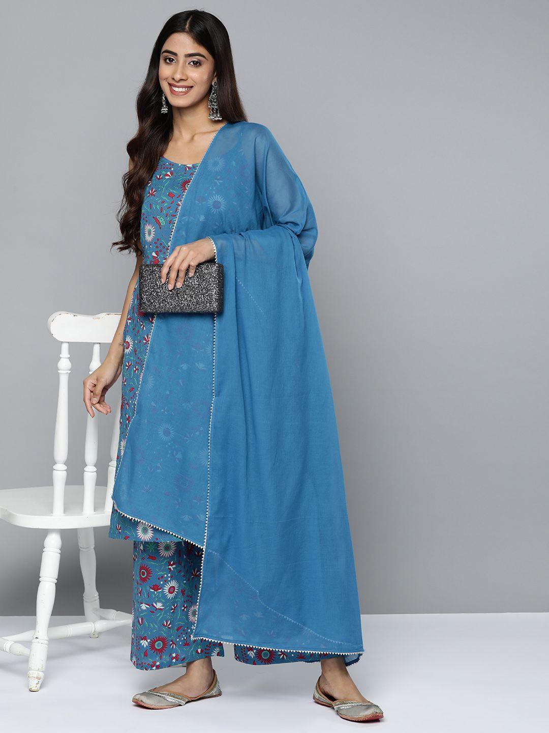 here&now women floral printed regular pure cotton kurta with palazzos & dupatta