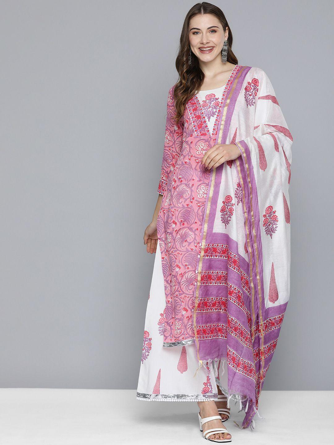 here&now women floral printed regular pure cotton kurta with palazzos & with dupatta