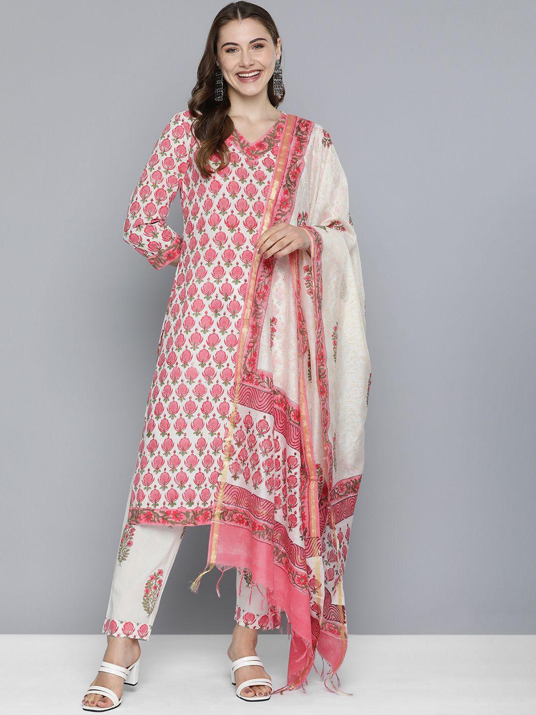 here&now women floral printed regular pure cotton kurta with trousers & with dupatta
