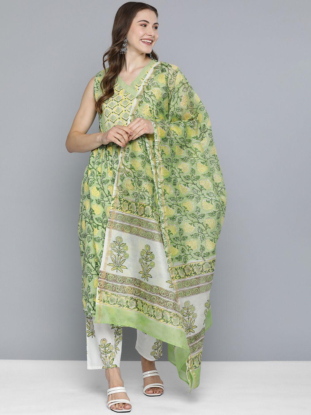 here&now women floral printed regular pure cotton kurta with trousers & with dupatta