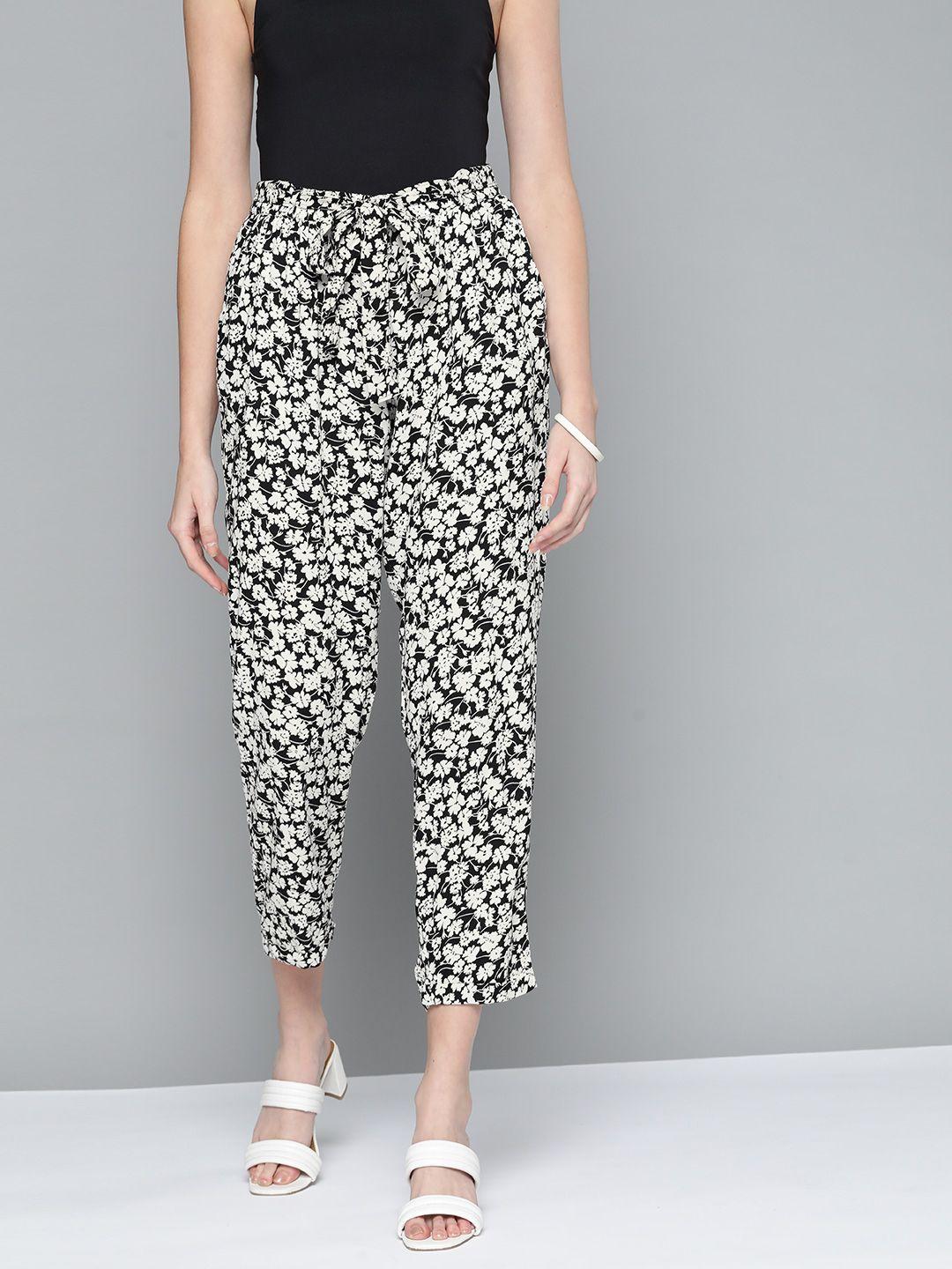 here&now women floral printed straight fit high-rise trousers