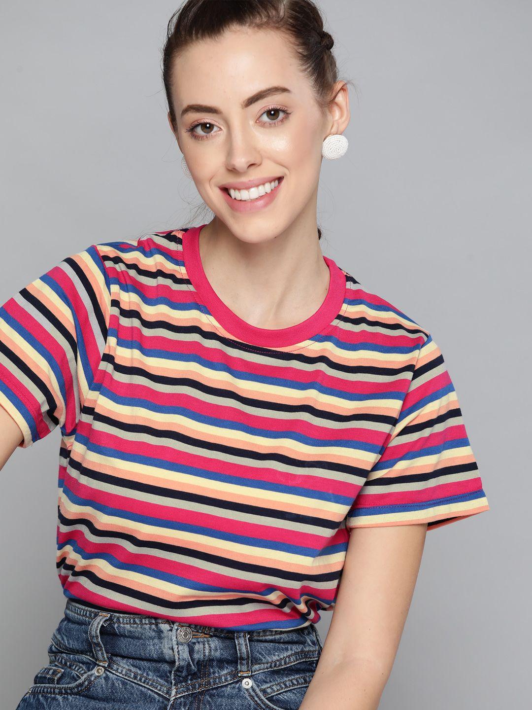 here&now women fuchsia & navy blue striped t-shirt