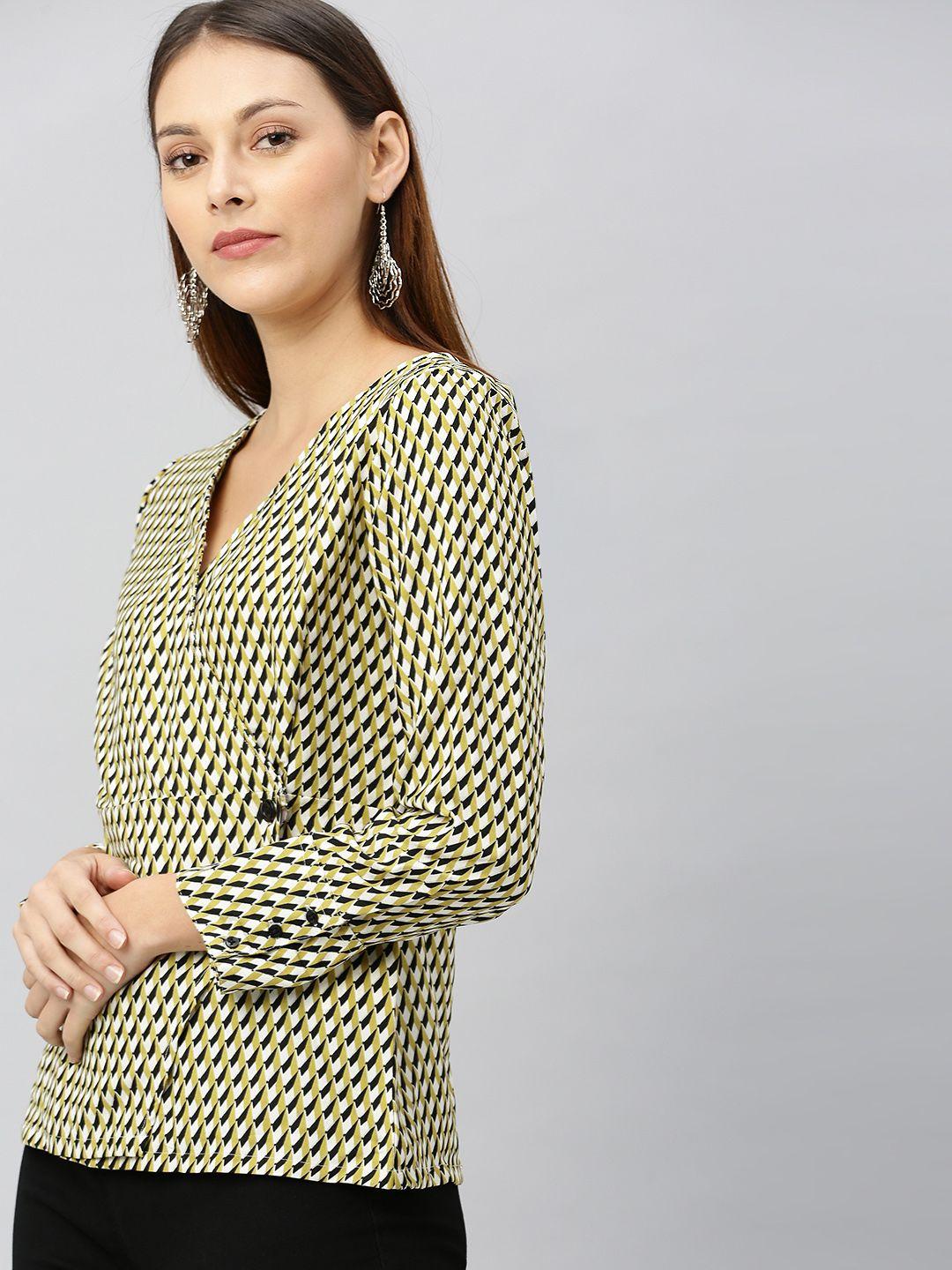 here&now women green & black geometric printed wrap top