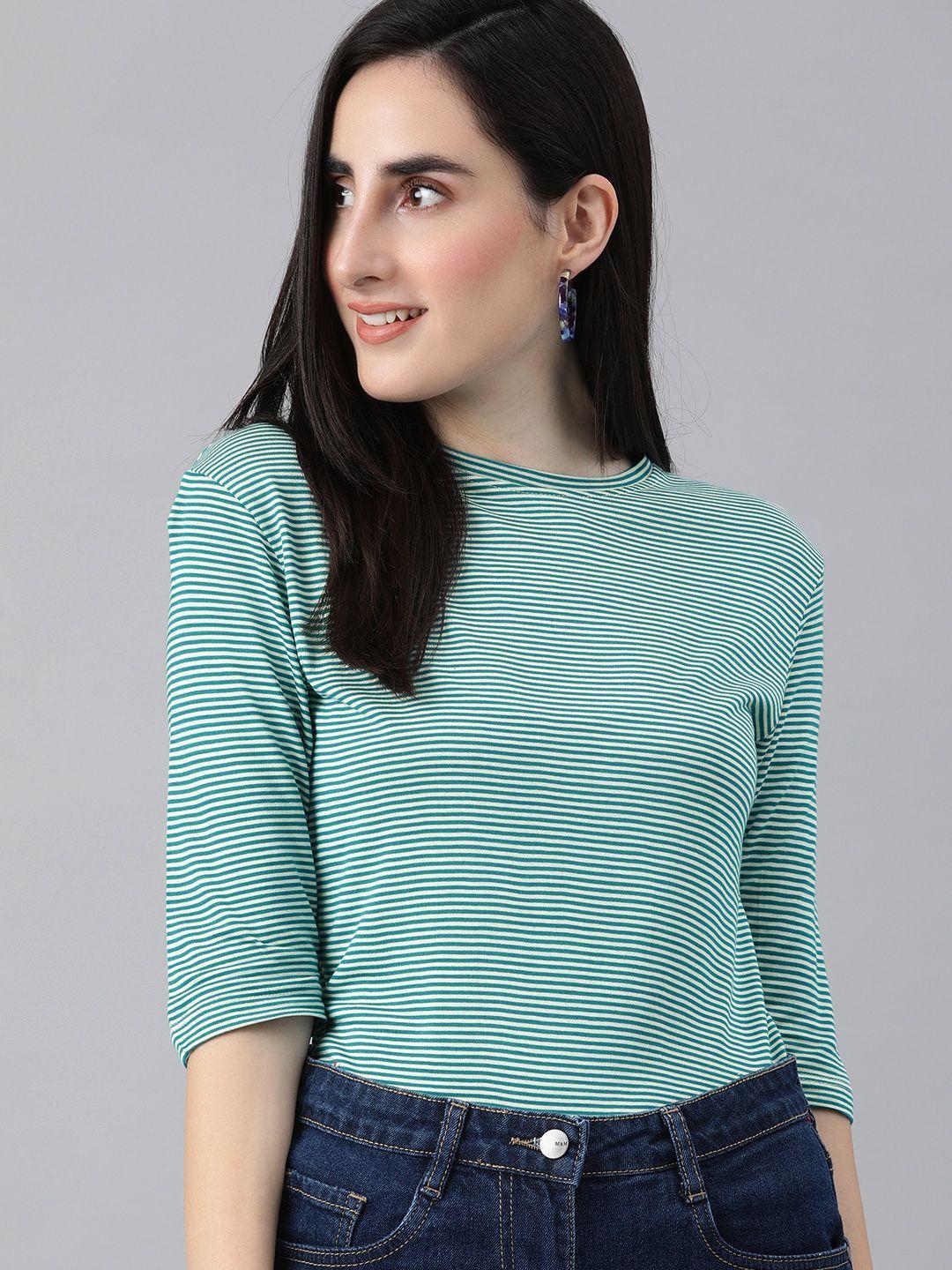 here&now women green & cream-coloured striped regular top