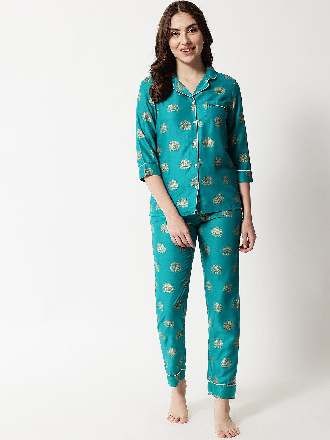 here&now women green & gold-toned printed night suit