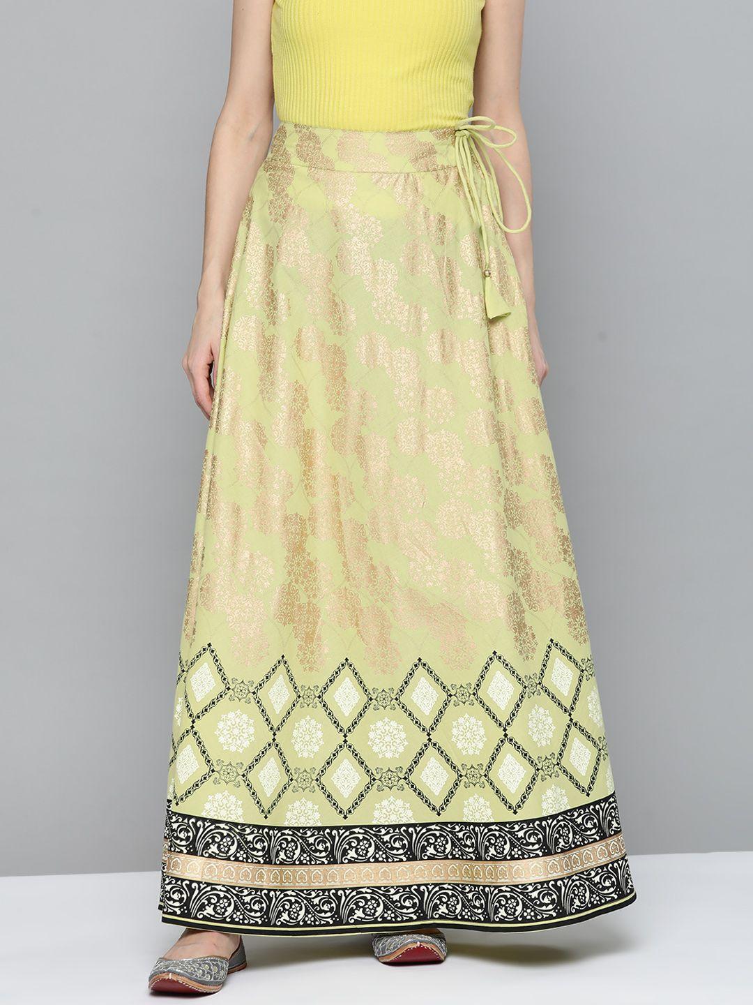 here&now women green & golden ethnic motifs print maxi flared cotton skirt