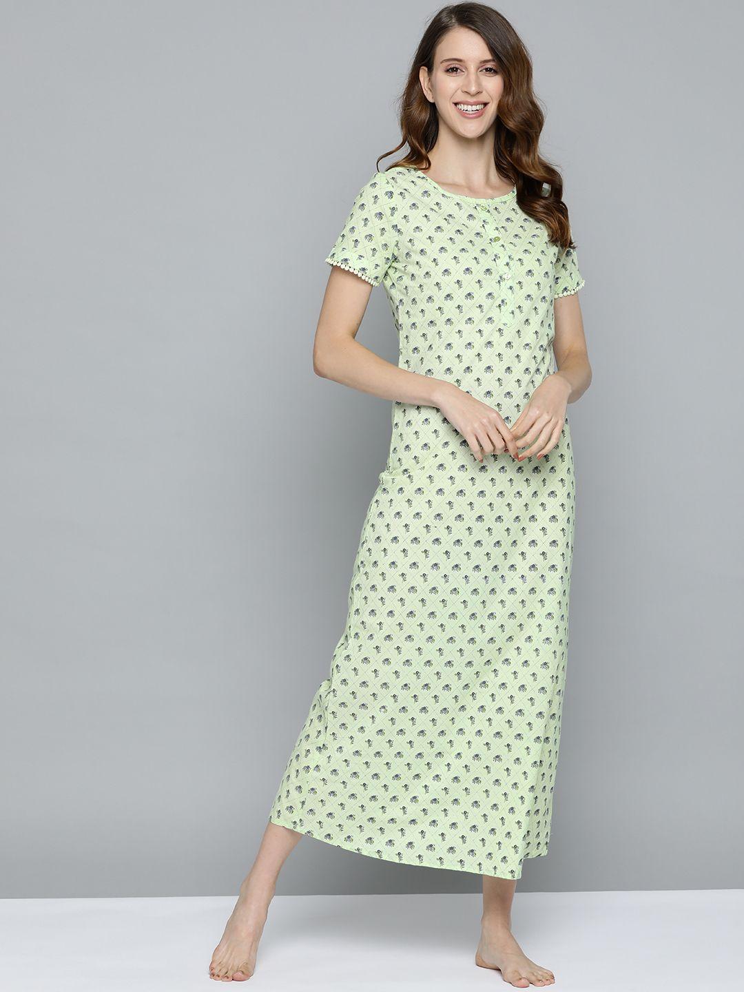 here&now women green & grey ethnic motifs print pure cotton maxi nightdress