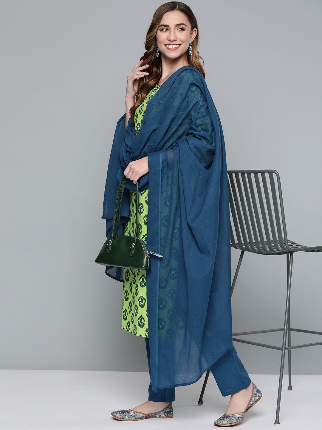 here&now women green & navy blue ethnic print pure cotton kurta with trousers & dupatta