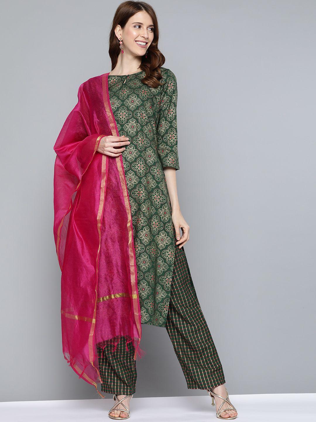 here&now women green & pink printed kurta with palazzos & dupatta