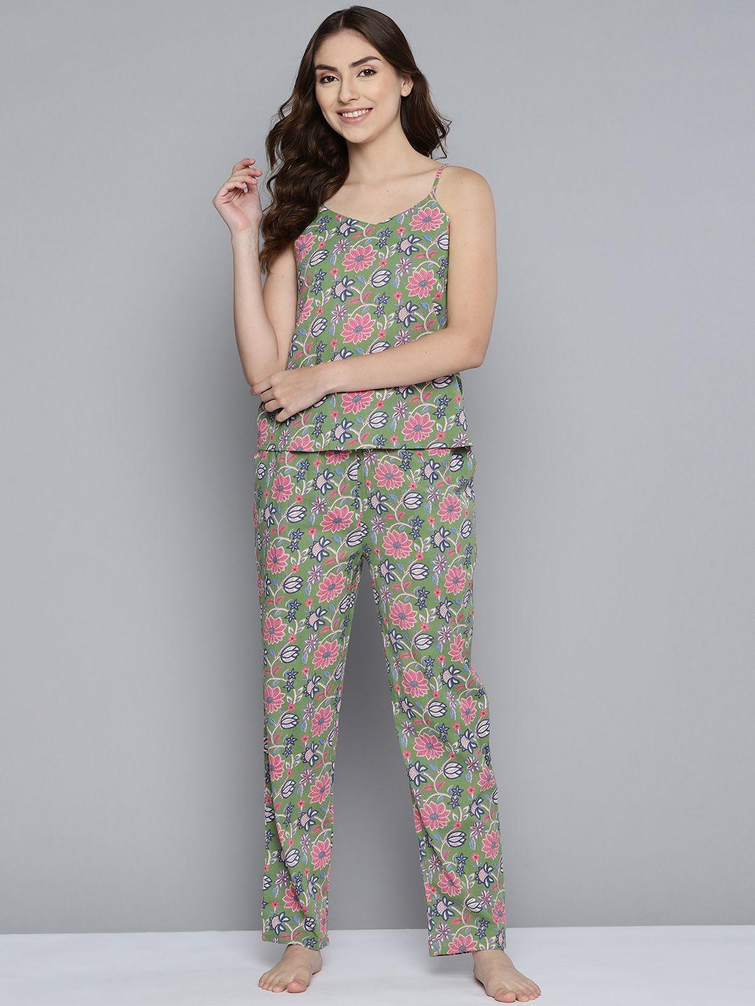 here&now women green & pink printed pure cotton night suit