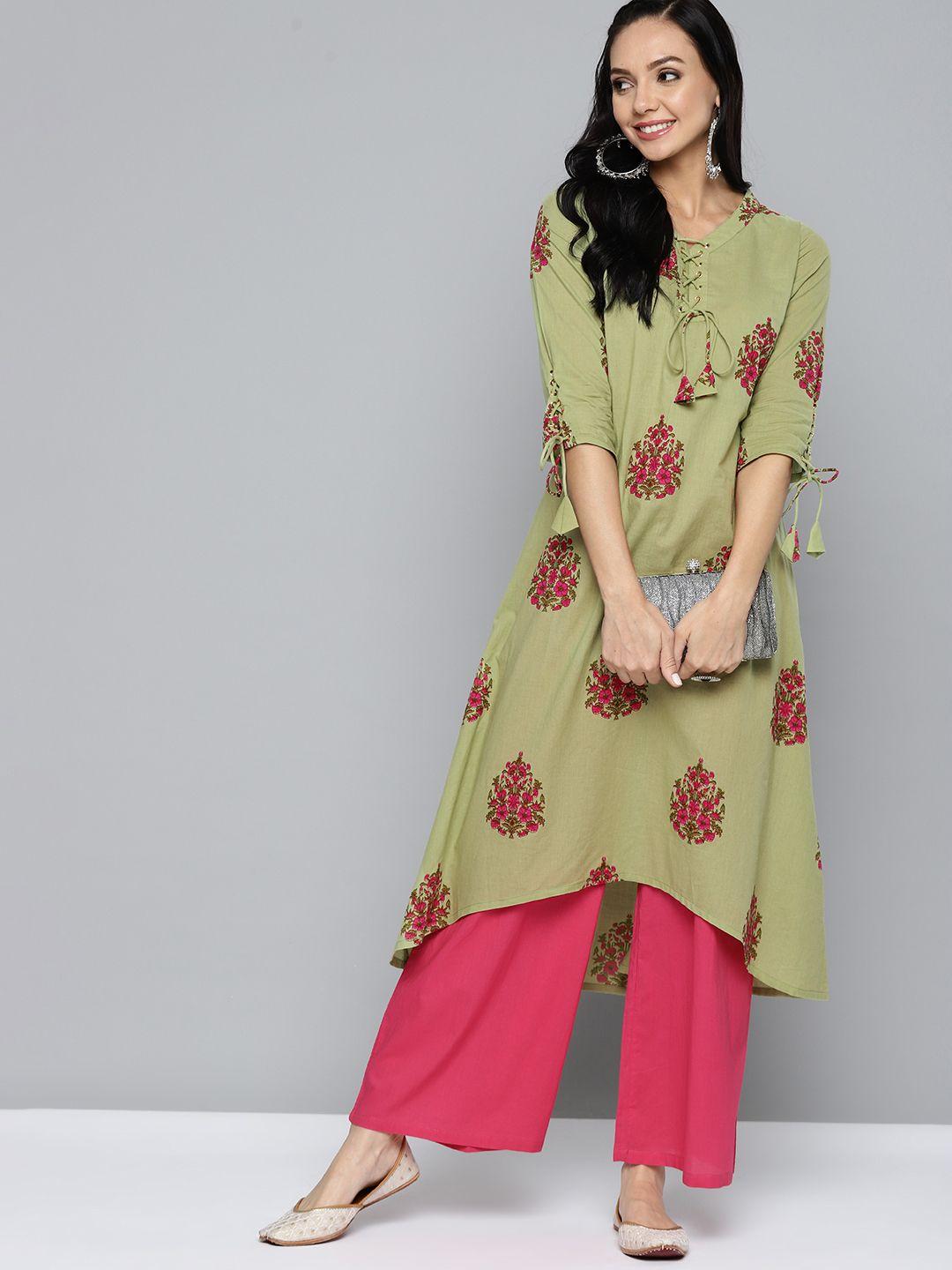 here&now women green & pink pure cotton ethnic motifs printed a-line kurta