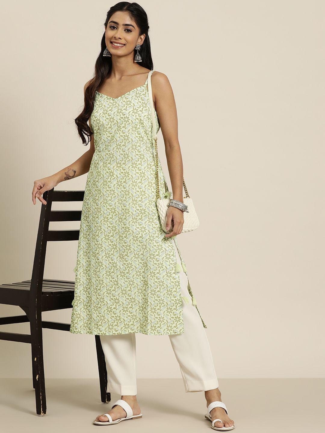 here&now women green & white ethnic motifs printed kurta