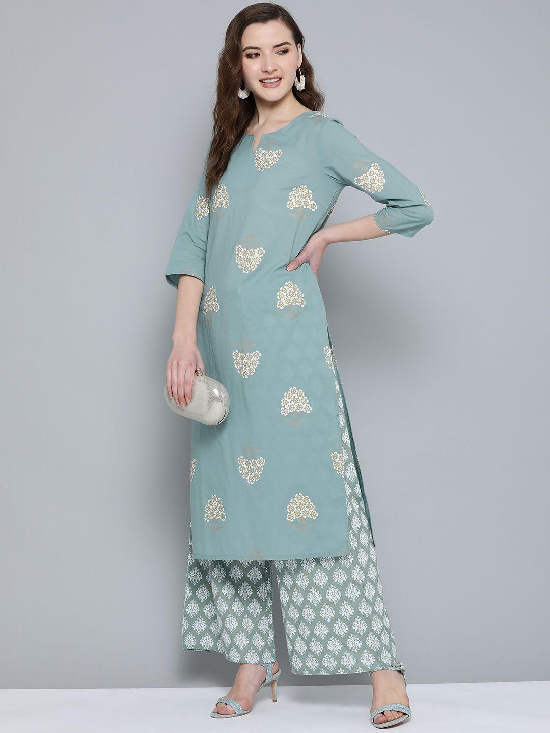 here&now women green & white printed pure cotton kurta with palazzos