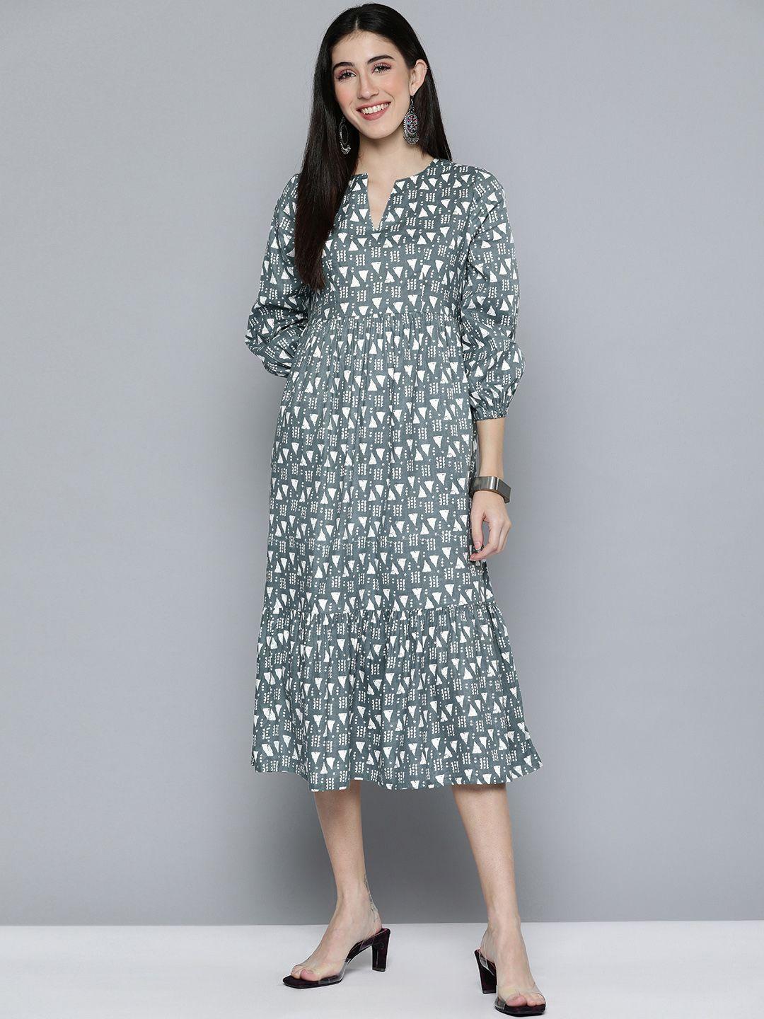 here&now women green & white printed v neck a-line pure cotton ethnic dress