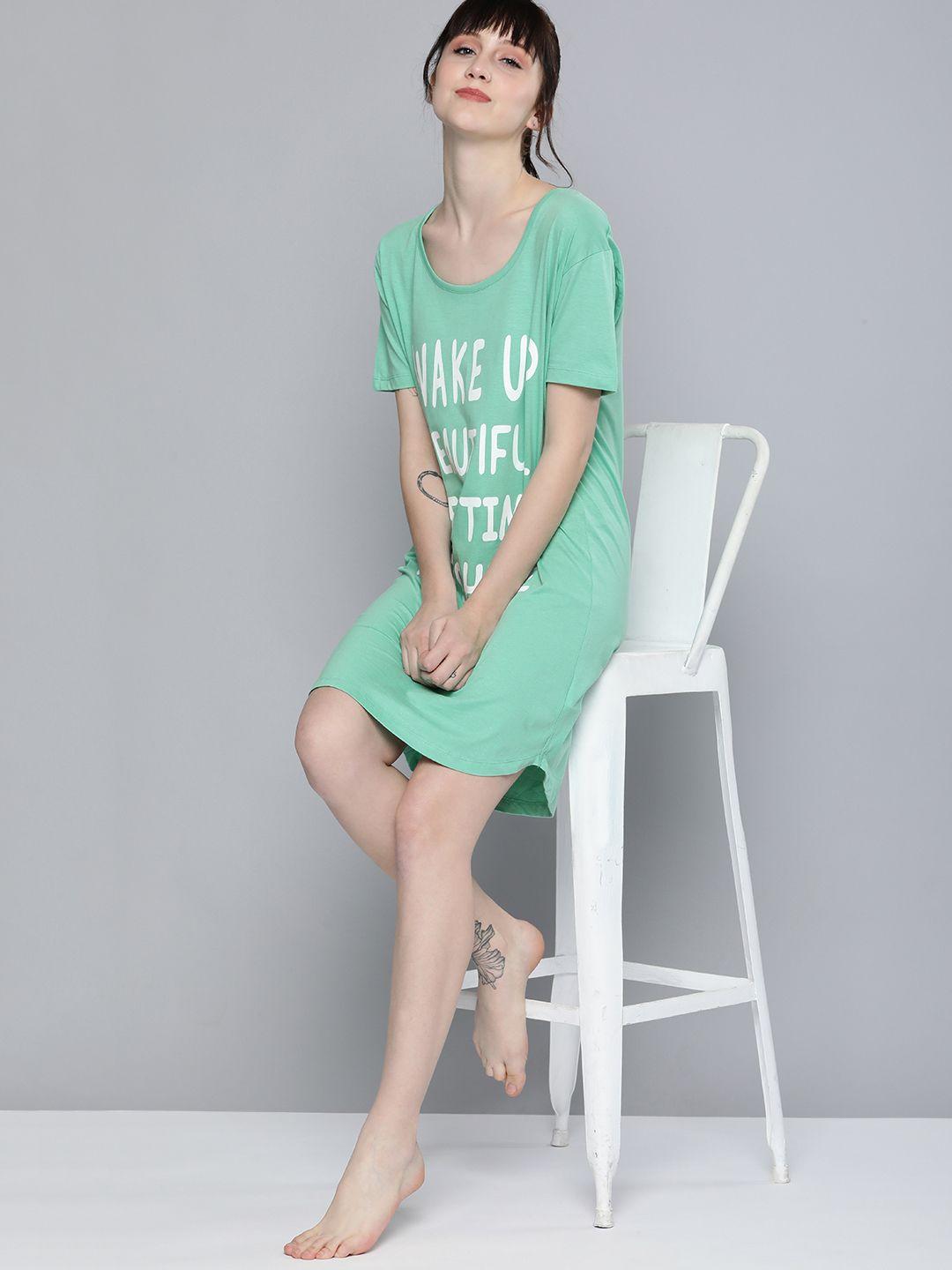 here&now women green & white typography printed round neck pure cotton tshirt nightdress