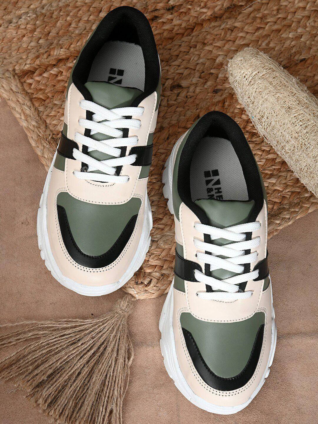 here&now women green colourblocked pu sneakers