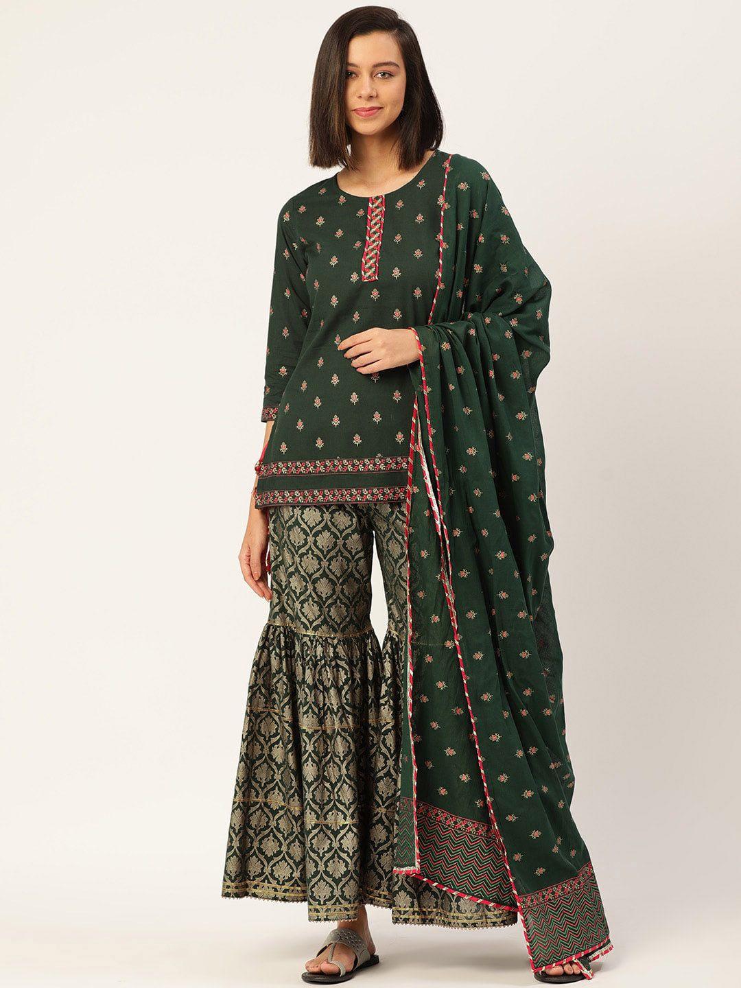 here&now women green ethnic motifs embroidered pure cotton kurti with sharara & with dupatta
