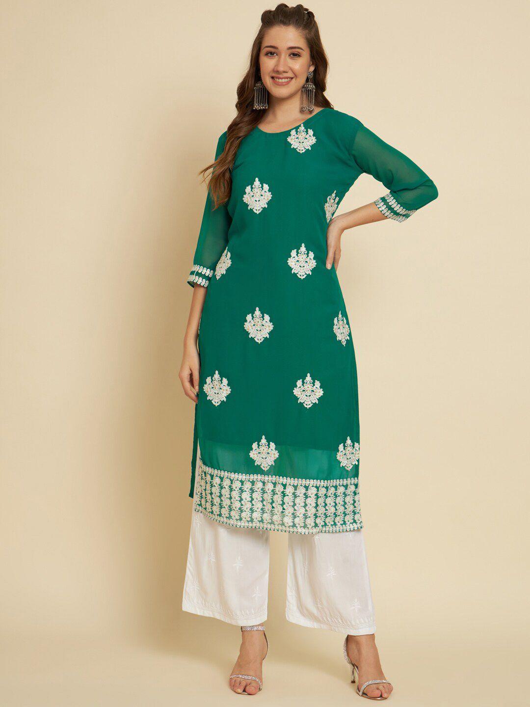 here&now women green ethnic motifs keyhole neck flared sleeves thread work georgette kurta