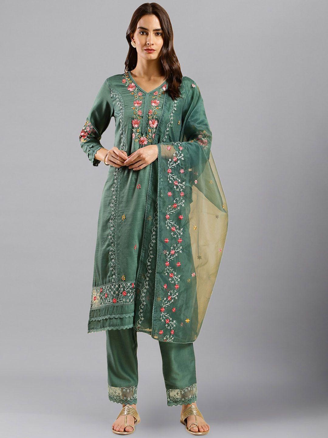 here&now women green floral embroidered regular thread work kurta with trousers & with dupatta