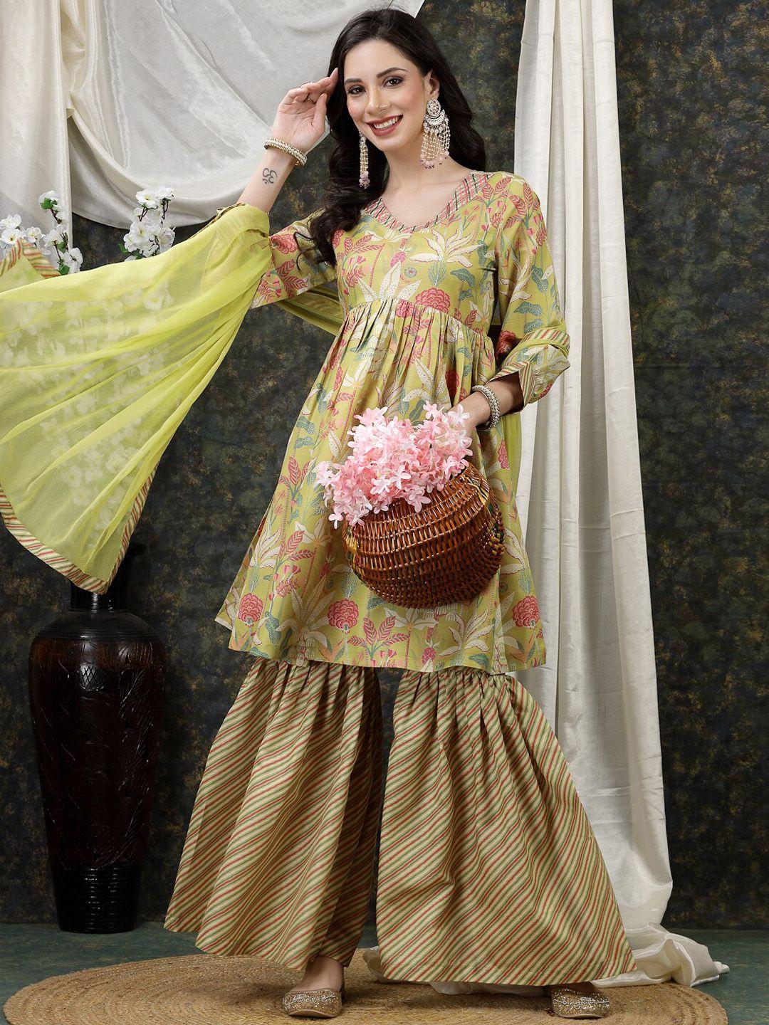 here&now women green floral printed empire sequinned kurta with sharara & with dupatta