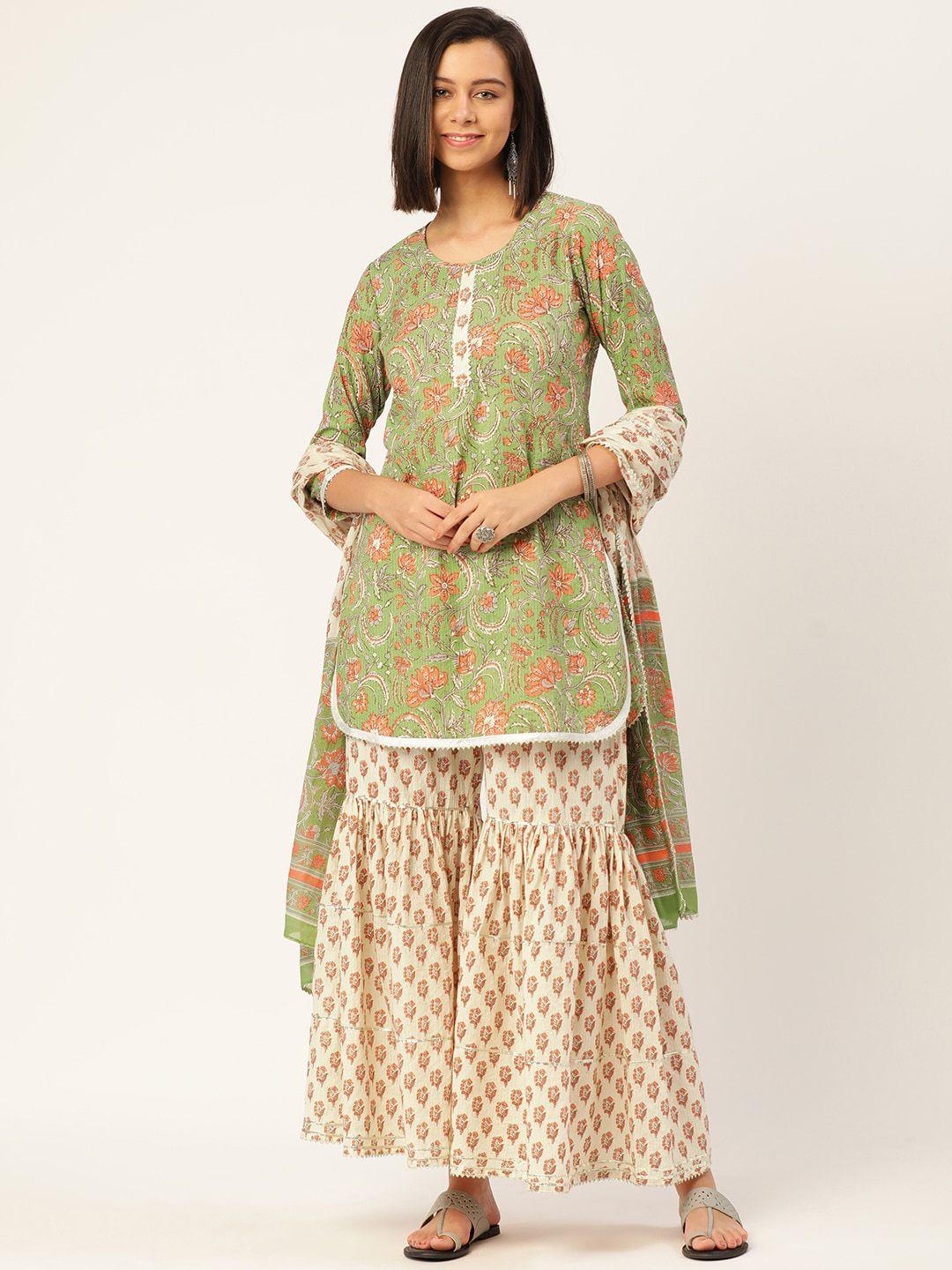 here&now women green floral printed kurti with sharara & with dupatta