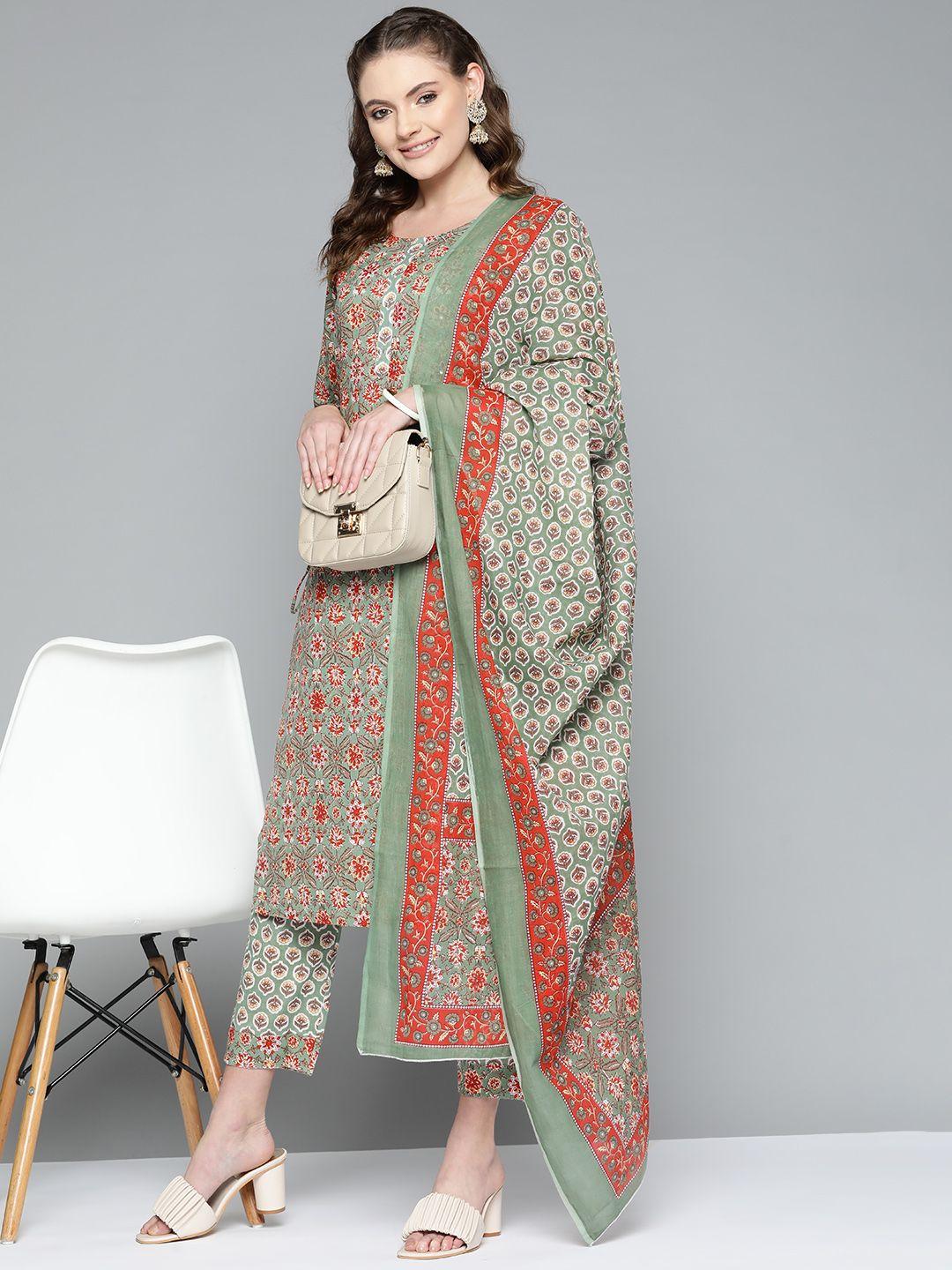 here&now women green floral printed mirror work pure cotton kurta with trousers & with dupatta