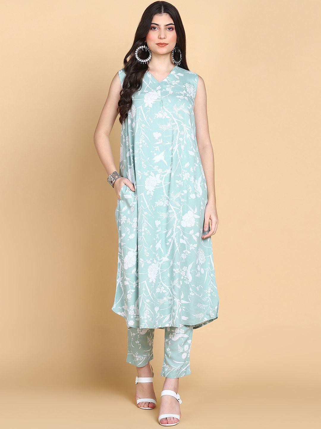 here&now women green floral printed regular kurta with palazzos