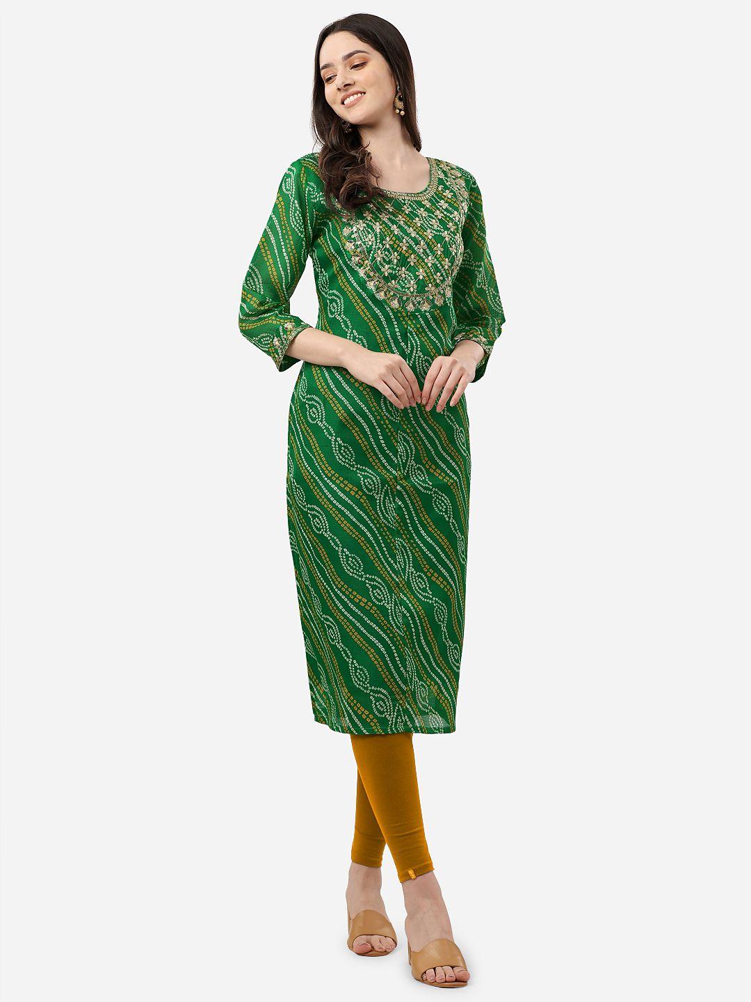 here&now women green leheriya printed pure cotton kurta