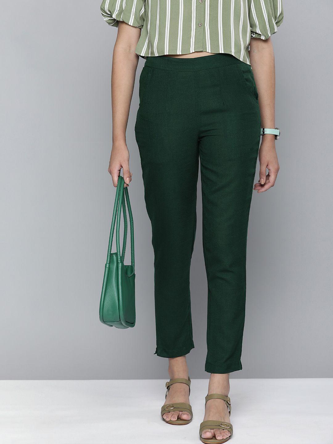 here&now women green pleated straight fit trousers