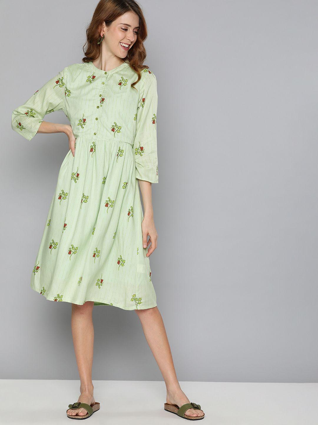 here&now women green printed a-line dress