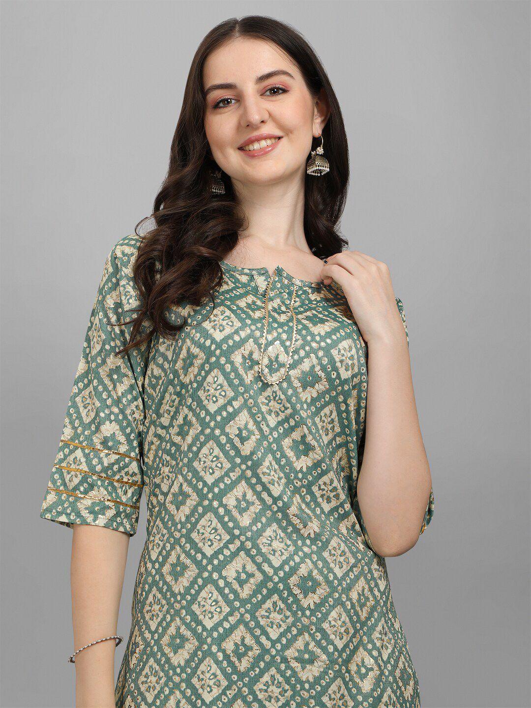 here&now women green printed kurta with trousers