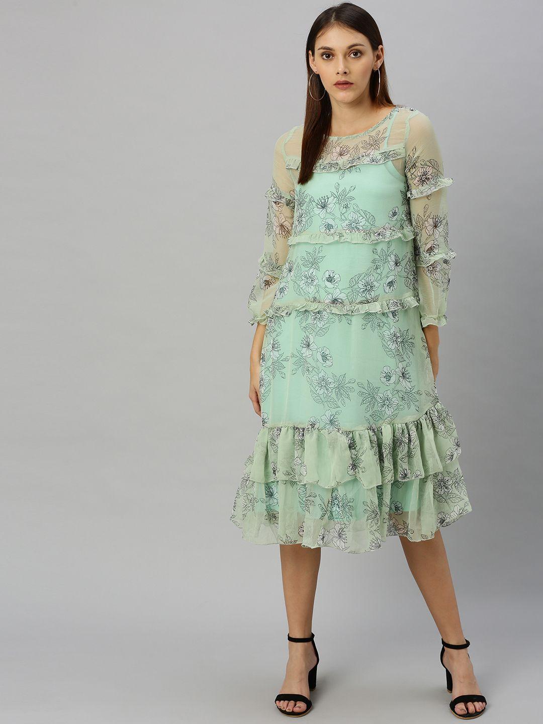 here&now women green printed layered fit and flare dress