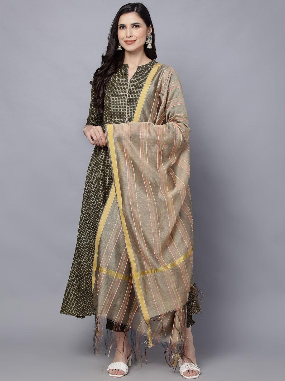 here&now women green printed pure cotton kurta with trousers & with dupatta