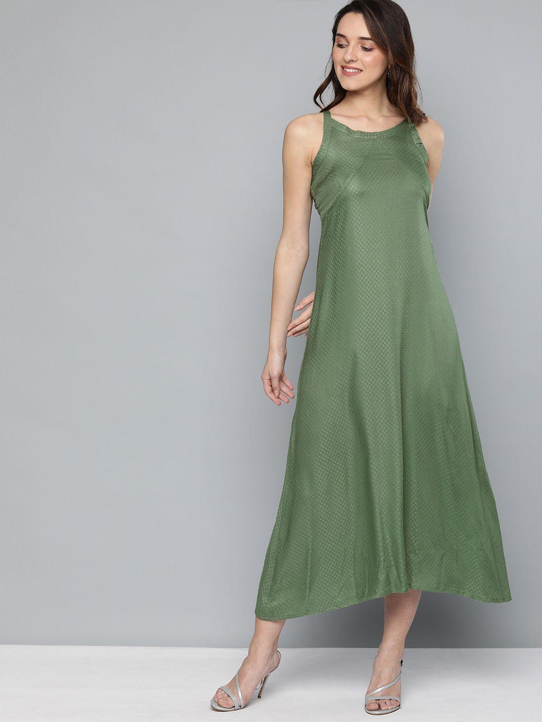 here&now women green self design a-line dress with smocked detail