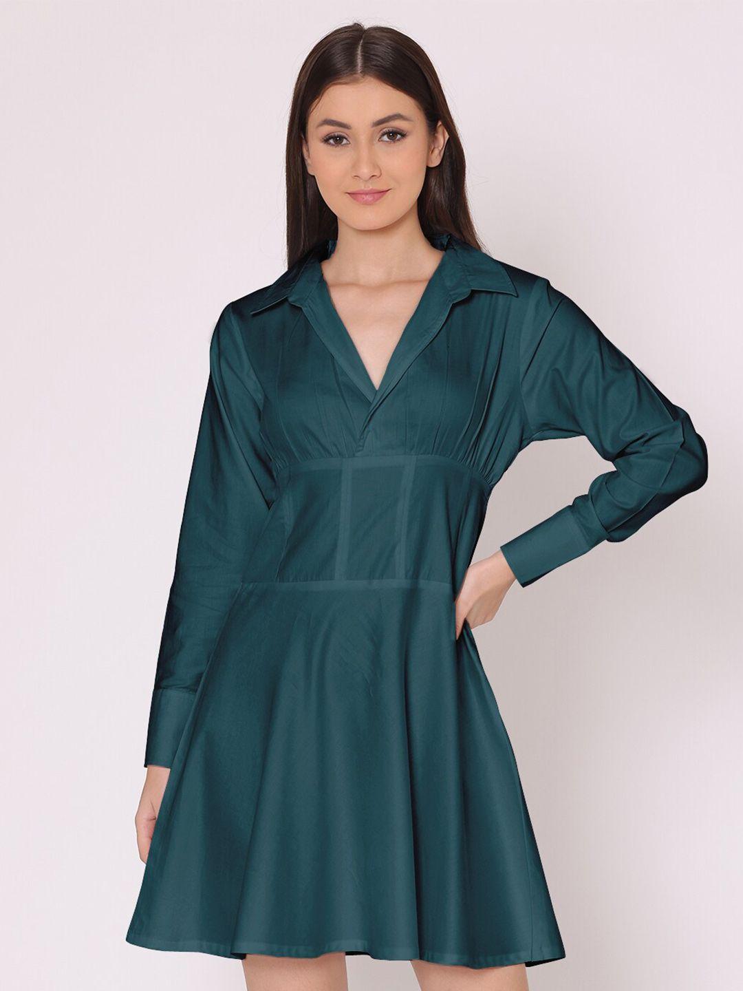 here&now women green solid long sleeve collared short dress