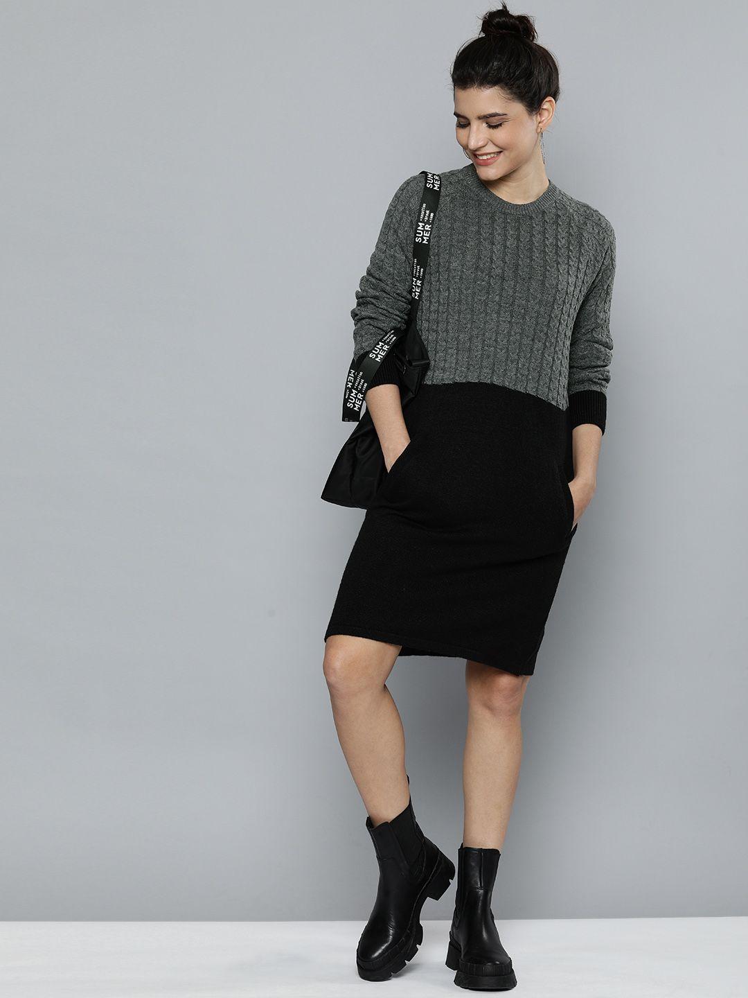 here&now women grey & black colourblocked sweater dress