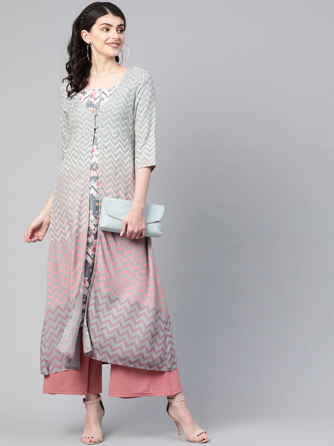 here&now women grey & off-white printed layered a-line kurta