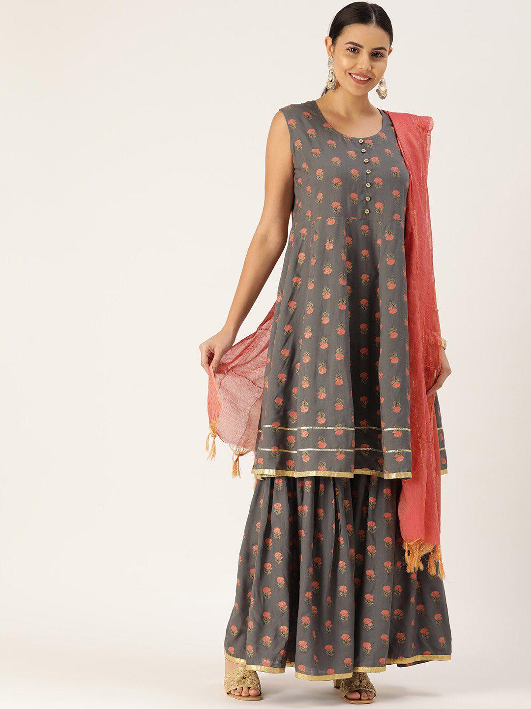 here&now women grey & peach-colored floral printed kurta with sharara & with dupatta