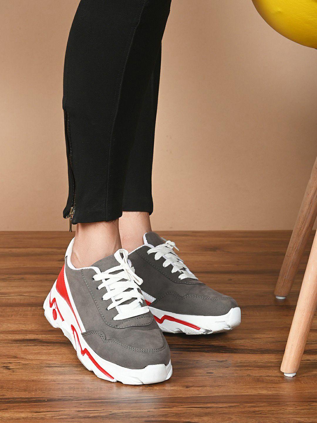 here&now women grey & yellow colourblocked sneakers