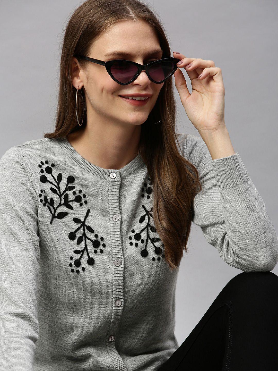 here&now women grey embroidered cardigan sweater