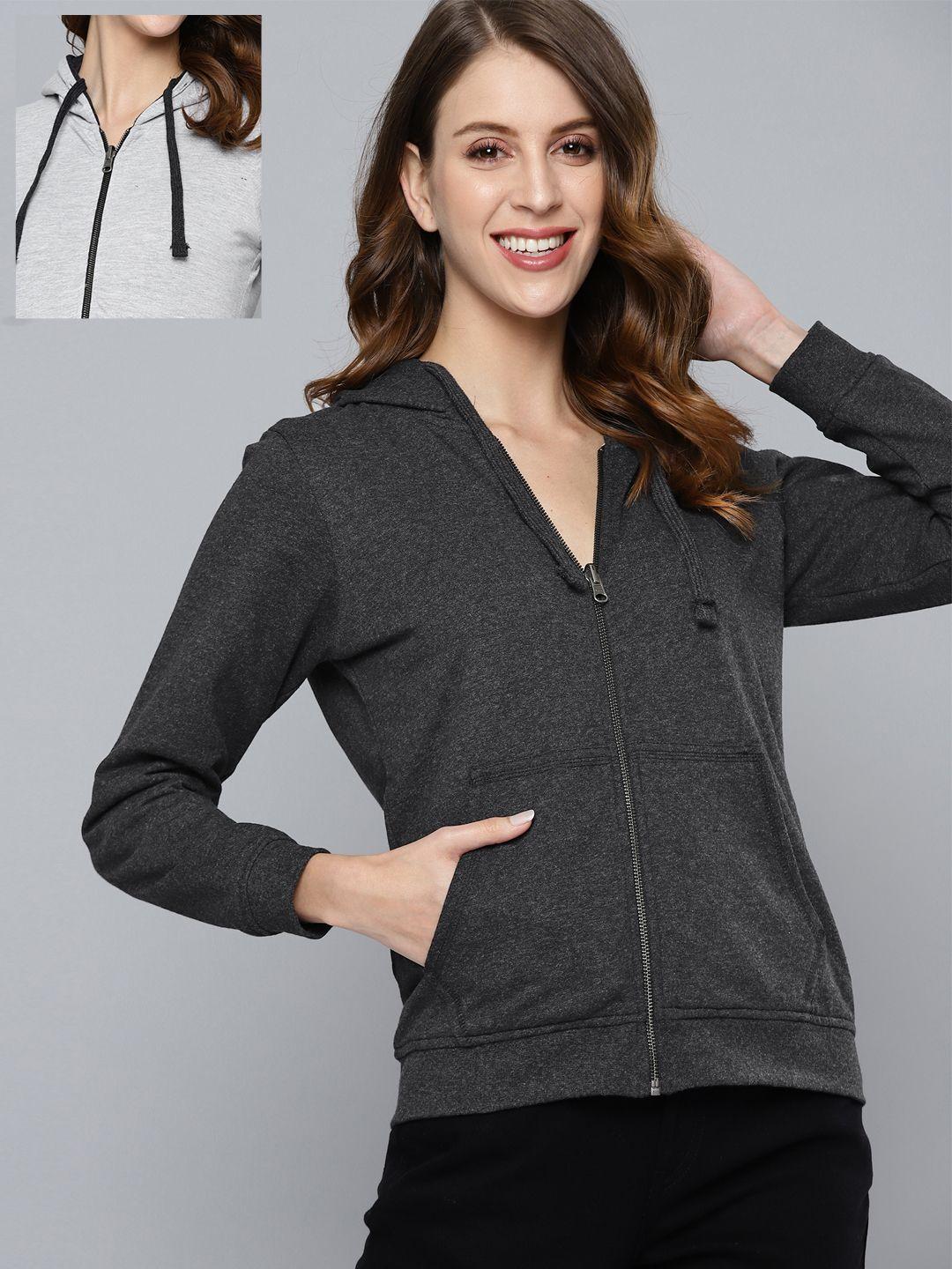 here&now women grey melange & charcoal grey pure cotton solid reversible hooded sweatshirt