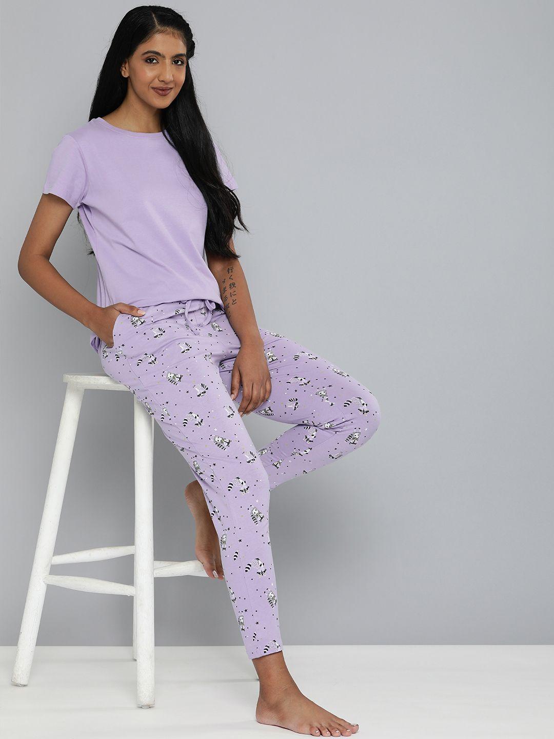 here&now women lavender pure cotton night suit