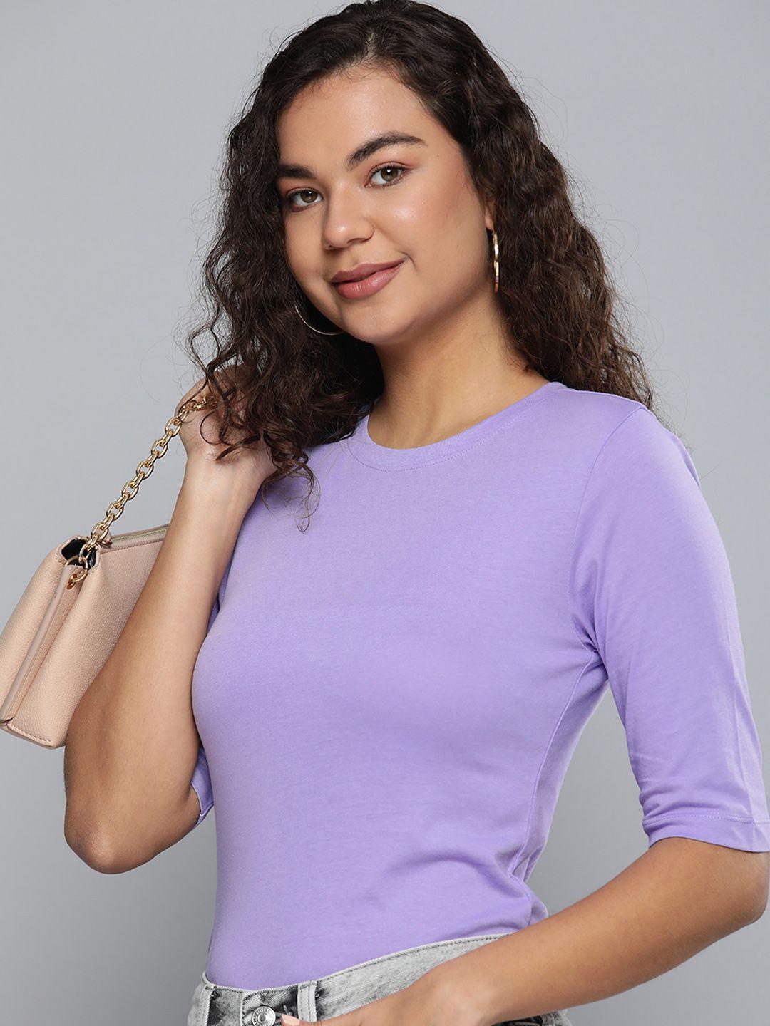 here&now women lavender solid pure cotton t-shirt