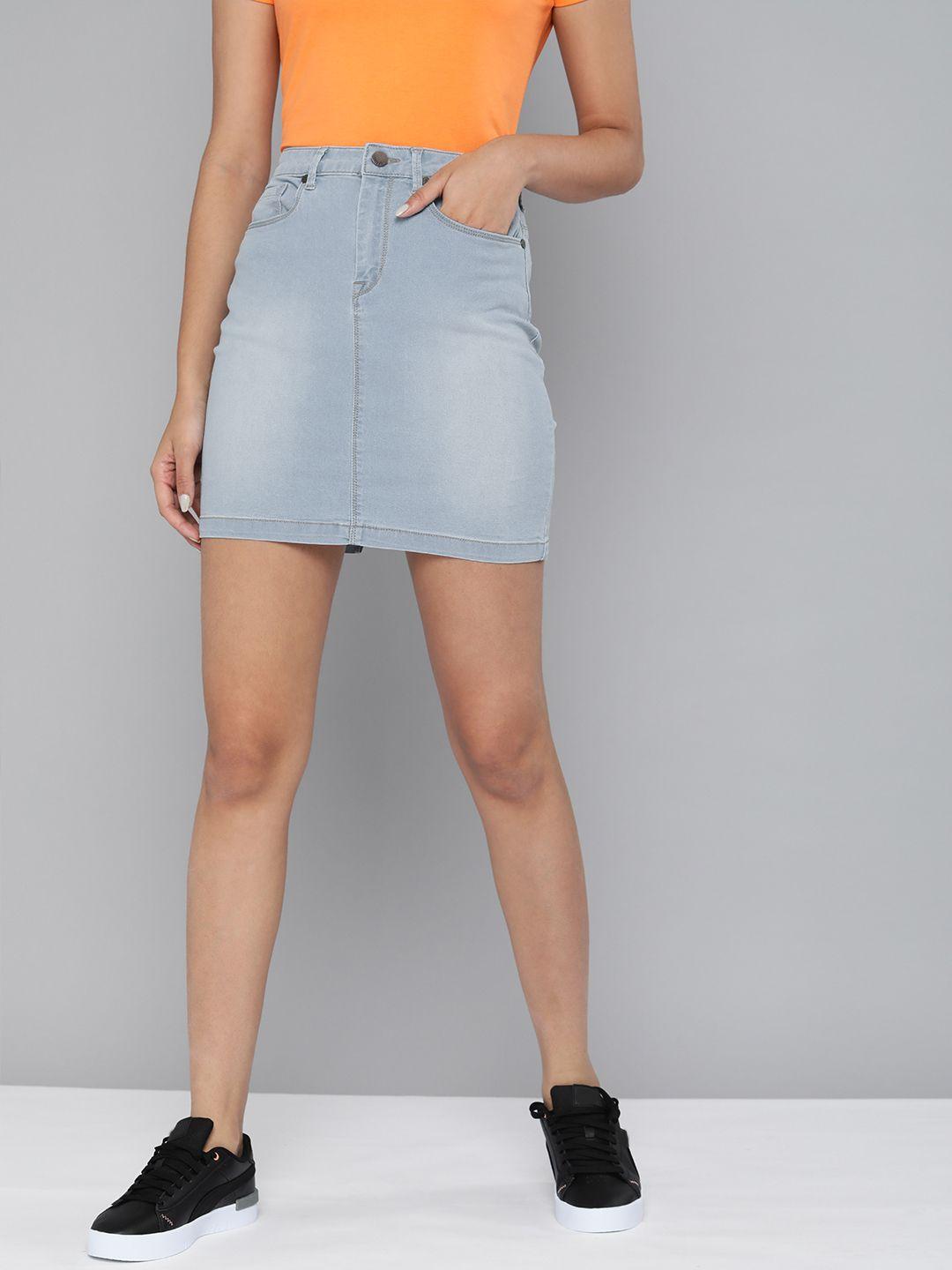 here&now women light blue solid a-line denim skirt