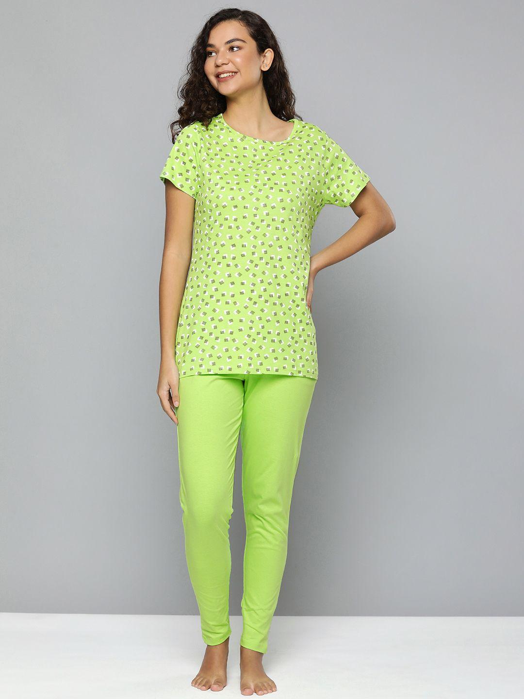 here&now women lime green geometric pure cotton night suit