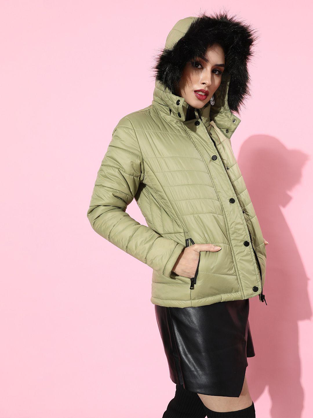 here&now women lovely olive solid parka jacket