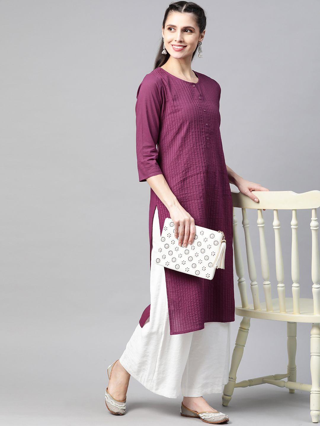 here&now women magenta self-striped pure cotton straight kurta