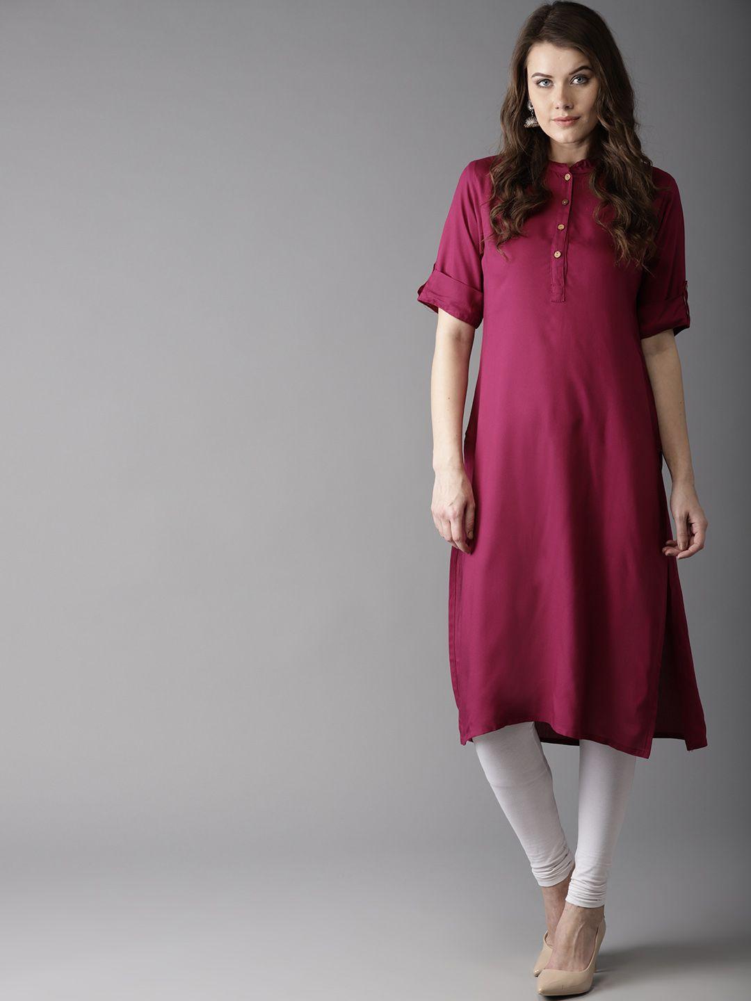 here&now women magenta solid straight kurta