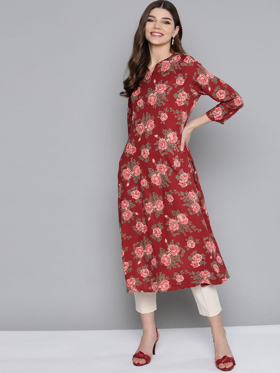 here&now women maroon & green floral printed floral kurta