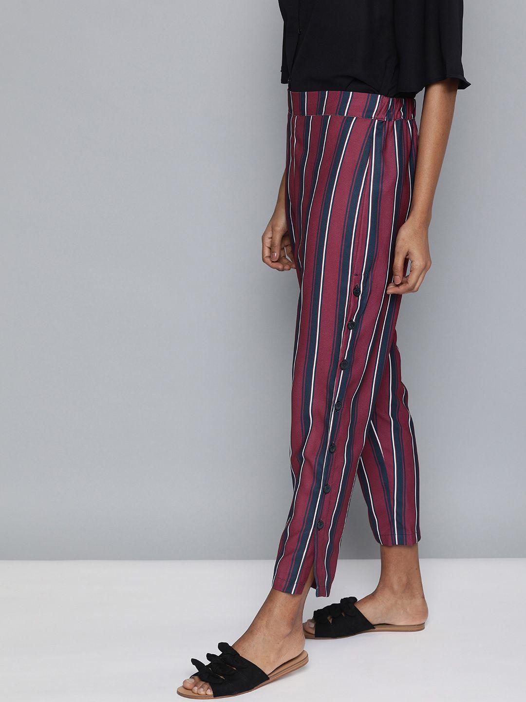 here&now women maroon & navy blue regular fit striped regular trousers